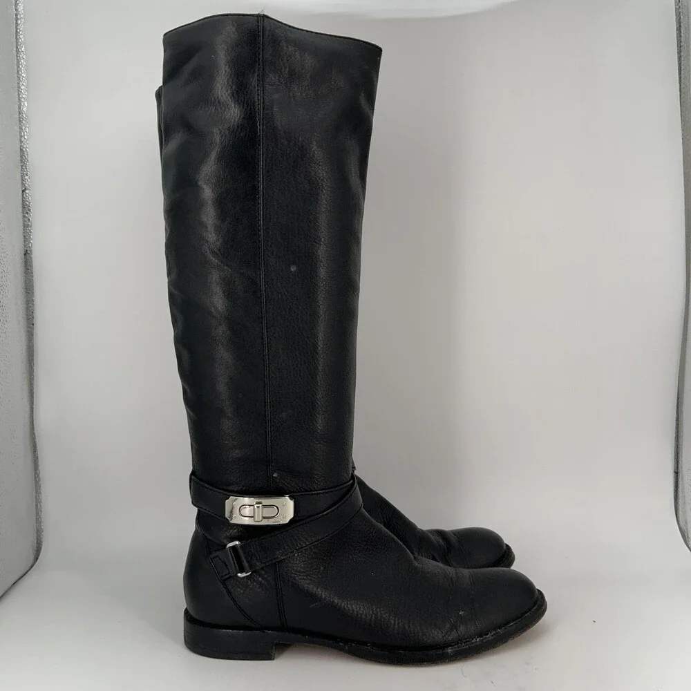 Coach Boots Womens Size 6.5 Christine Black Leather Riding Knee High Buckle